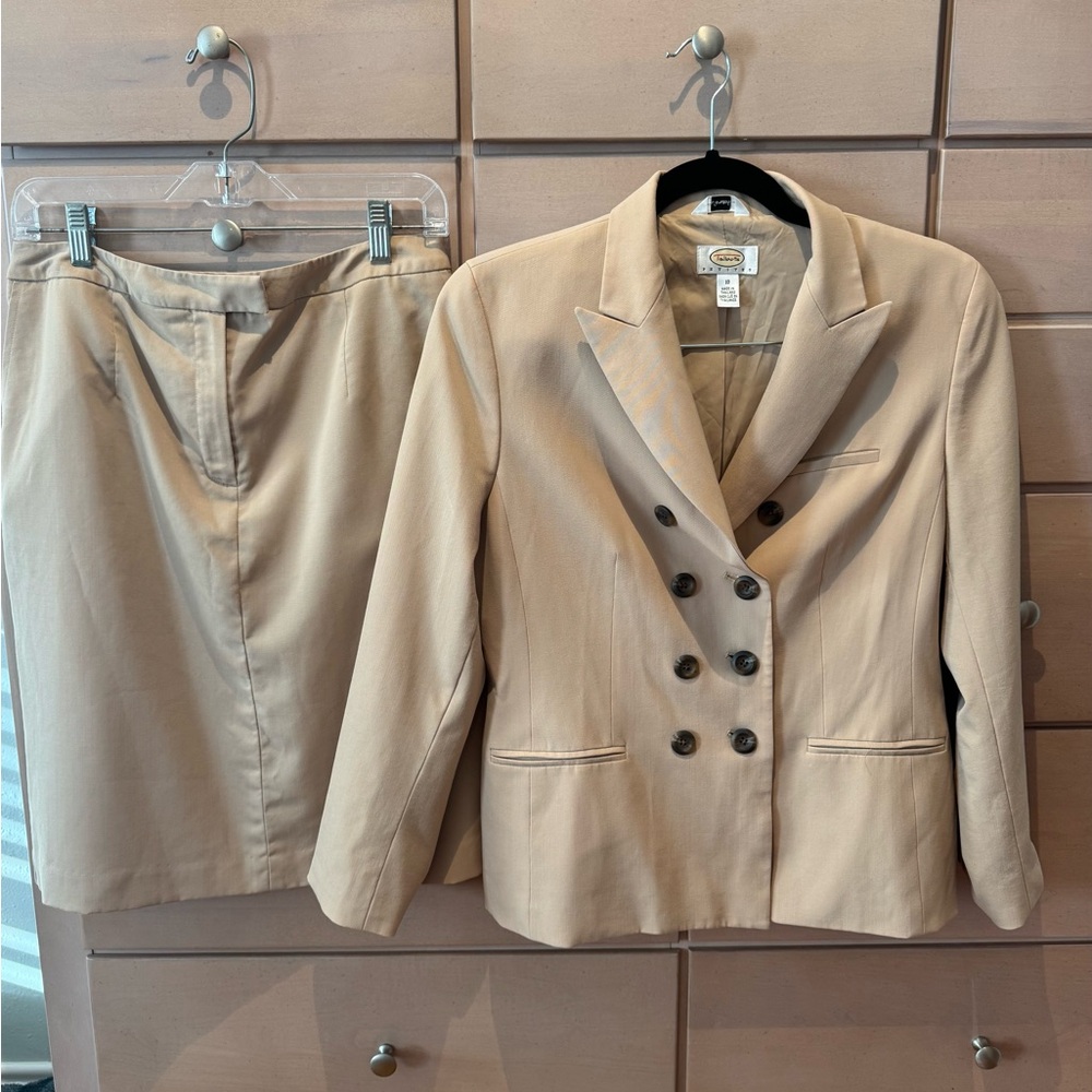 Talbots Tan Double-Breasted Blazer With Matching Skirt Size 10 Petite